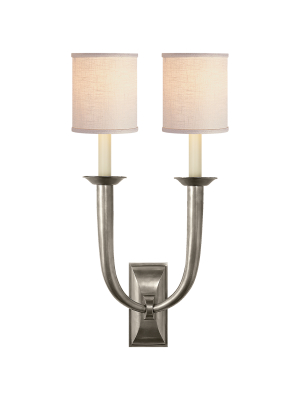 French Deco Horn Double Sconce In Various Colors With Linen Shades