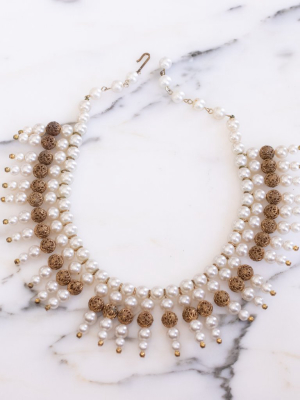 Vintage 1940s Pearl And Gold Filigree Bib Statement Necklace