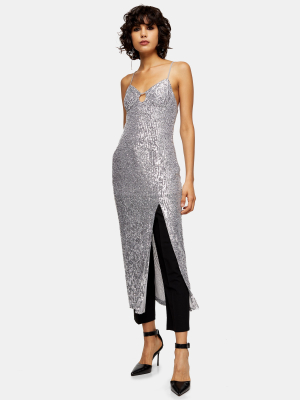 Silver Sequin Keyhole Midi Dress