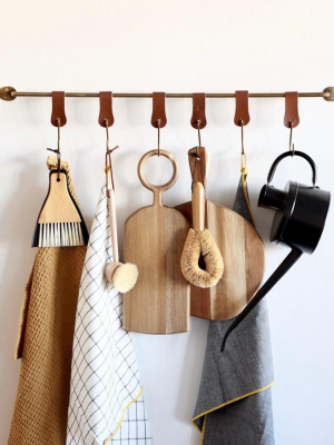 Brass Finished Hanging Rack With Leather Hooks