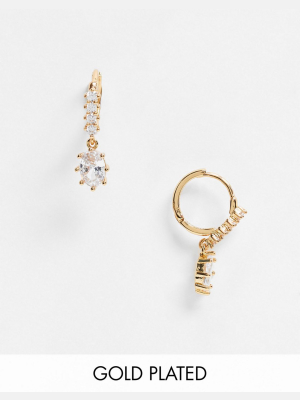 Asos Design 14k Gold Plated Huggie Hoop Earrings With Crystal Teardrop