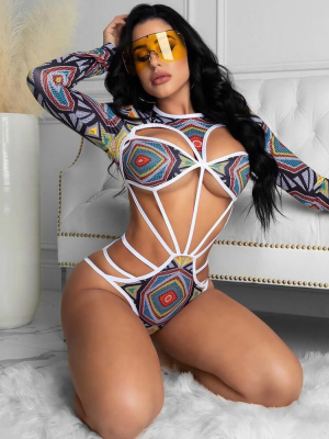 Geometric Print Cutout Strappy Long Sleeve Brazilian One Piece Swimsuit