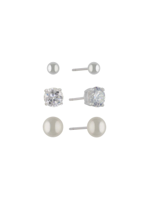 Sterling Silver Set Of Three Cubic Zirconia Fresh Pearl And Ball Button Earring Set 3pc - Silver