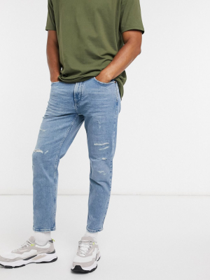 Pull&bear Slim Tapered Jeans In Light Blue With Abrasions