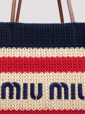 Miu Miu Logo Print Striped Tote Bag