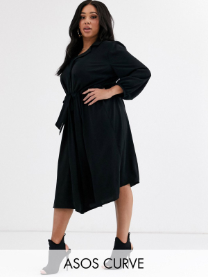 Asos Design Curve Button Through Midi Shirt Dress With Ruched Waist In Black