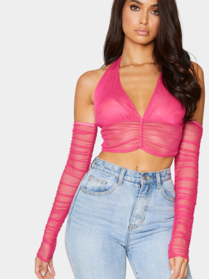 Hot Pink Mesh Halterneck Cold Shoulder Ruched...