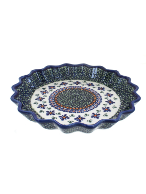 Blue Rose Polish Pottery Mosaic Flower Fluted Quiche Dish