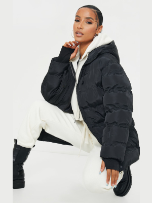 Black Quilted Belted Cuffed Sleeve Puffer Coat.