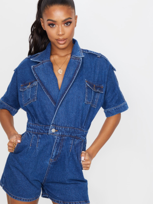 Dark Blue Wash Denim Wrap Over Romper