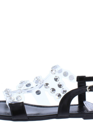 Maria204 Black Open Toe Lucite Rhinestone Strap Sandal