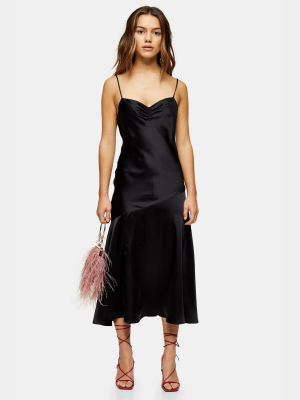 Petite Black Ruched Side Bias Slip Dress