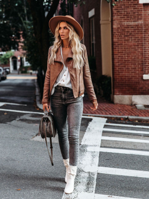 Preorder - Slick Chick Coated Faux Leather Moto Jacket - Taupe