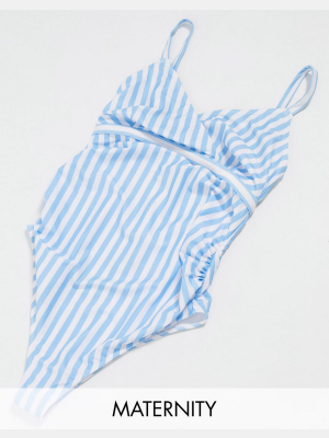 Peek & Beau Maternity Exclusive Wrap Front Swimsuit In Blue Stripe D-f