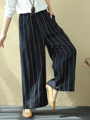 Plus Size - 100% Linen Stripes Pocket Casual Pants