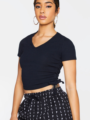 Black Textured Rib V Neck Ruched Side T Shirt