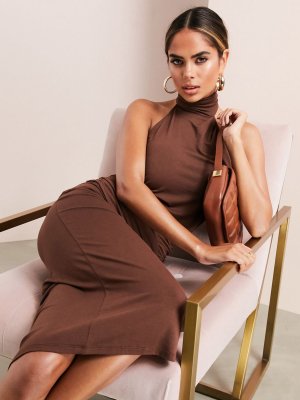 Asos Luxe High Neck Midi Dress With Super Low Back & Split Detail In Chocolate