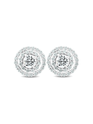 Pompeii3 1ct Diamond Double Halo Studs Screw Back Womens Earrings White Gold 10.2mm