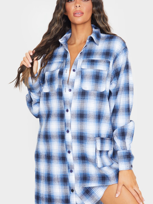 Blue Check Pocket Detail Long Sleeve Shirt Dress