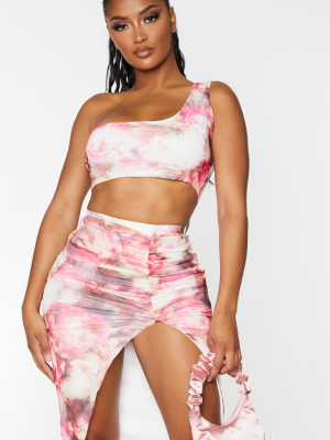 Shape Pink Floral Mesh One Shoulder Crop Top