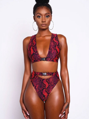 Snake High Waist Plunged Neck Thong Bikini Swimsuit - Two Piece Set