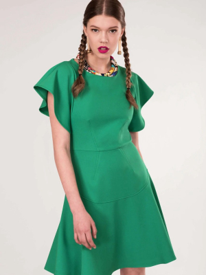 Green Frill Sleeve Flared Dress