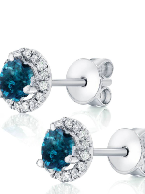 Pompeii3 1ct Blue Diamond Halo Studs 10k White Gold Earrings