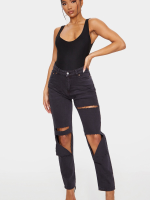 Washed Black Slit Knee Straight Leg Jeans