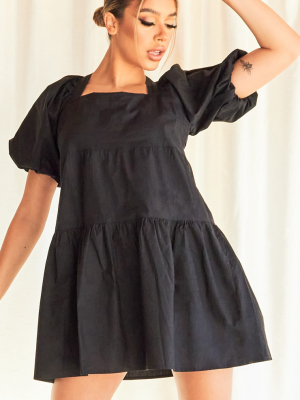 Black Puff Sleeve Square Neck Tiered Smock Dress