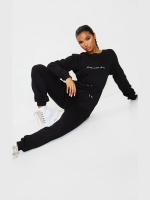 Prettylittlething Black Embroidered Sweat Jumpsuit