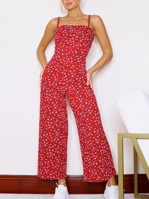 Red Ditsy Floral Ruched Bust Strappy Culotte...