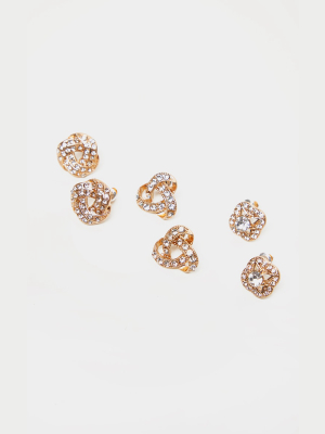 Gold Diamante Knotted Stud Earrings Multi Pack