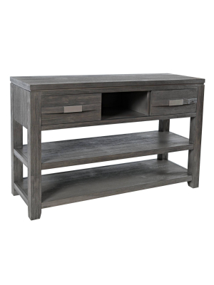 Wooden Sofa Table With 3 Open Compartments And 2 Sliding Doors Gray - Benzara