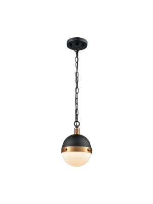 Harmelin 1-light Mini Pendant In Matte Black And Satin Brass With White Opal Glass