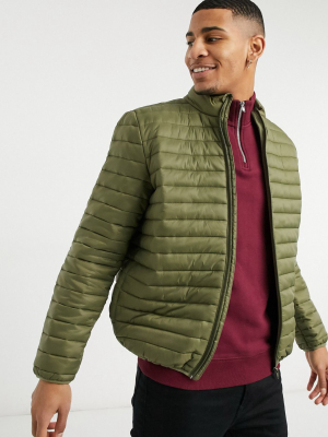 Asos Design Quilted Jacket With Band Collar In Khaki