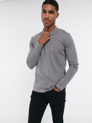 Selected Homme Jersey Polo With Long Sleeves In Gray