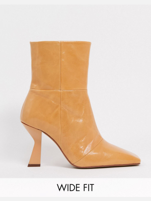 Asos Design Wide Fit Elodie Premium Leather Square Toe Heeled Boots In Natural