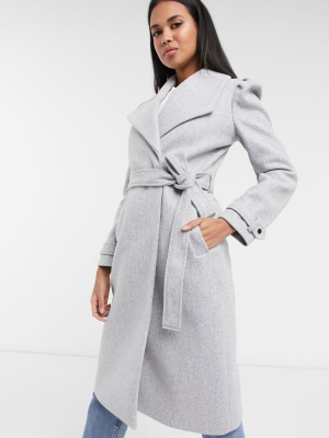 River Island Puff Sleeve Belted Robe Coat In Light Gray