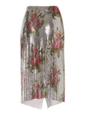 Wrap-effect Floral-print Chainmail Midi Skirt