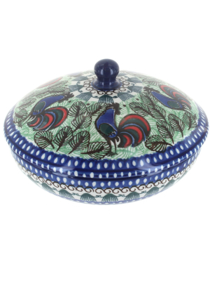 Blue Rose Polish Pottery Rooster Row Covered Bowl