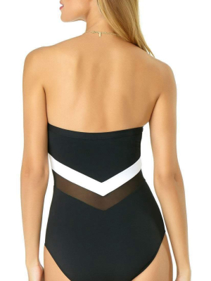 Anne Cole Color Block Mesh Chevron Spliced Bandeau Swimsuit