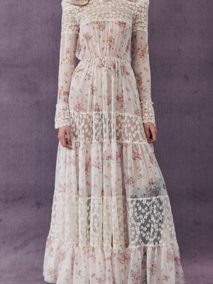 Lace-detailed Floral Chiffon Gown