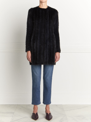 The Bullock Zig Zag Mink Fur On Cashmere Knit Sweater In Navy