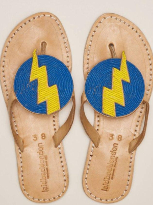 Laidback London Blitz Flat Leather Sandal- Denim Blue W/ Yellow Lighting Bolt