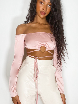 Dusty Pink Woven Bardot O Ring Tie Waist Crop Top