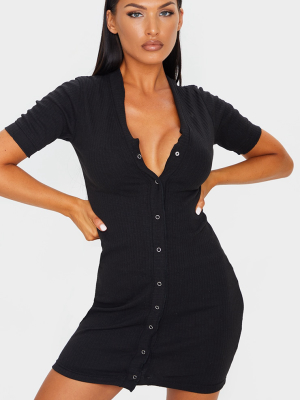 Black Thick Rib Popper Frill Edge Bodycon Dress