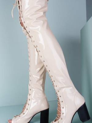 Abril1 Nude Open Toe Knee High Boots With Front Lace Up