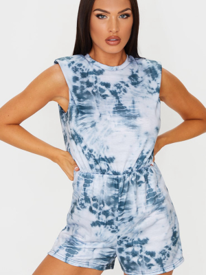 Teal Tie Dye Crew Neck Shoulder Pad T Shirt Romper