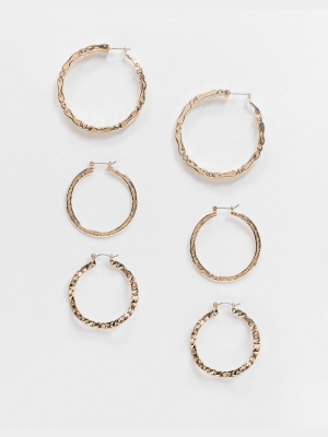 Asos Design Pack Of 3 Hoop Earrings In Mixed Textures In Gold Tone