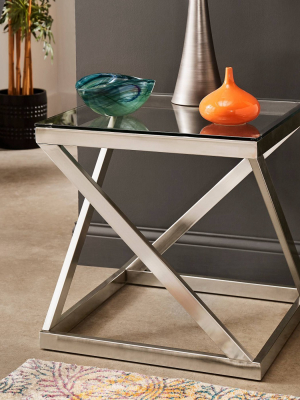 Severin Glass Top Brushed Nickel End Table Silver - Inspire Q